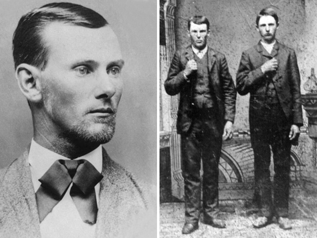 Jesse James portréja (balra), Frank és Jesse (jobbra)