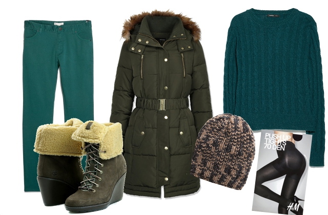 Kabát: Tally Weijl,pulóver, nadrág, sapka: Mango, cipő: Office Shoes – Timberland, harisnya: H&M