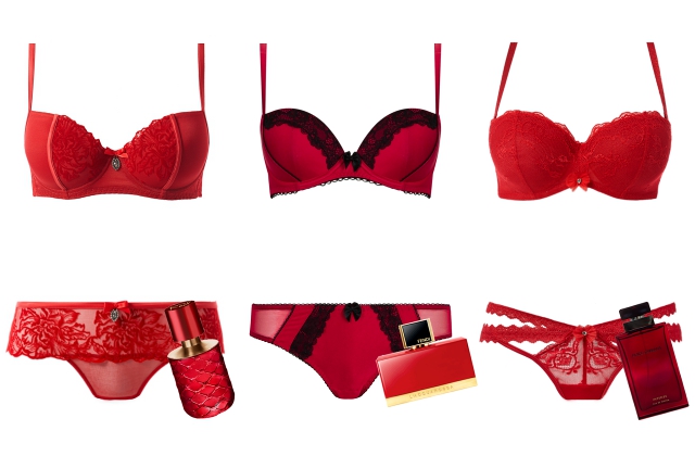 Fehérneműk (balról jobbra): Intimissimi, Marks&Spencer, Intimissimi, parfümök (balról jobbra): Oriflame My Red,  Fendi L'Acquarossa, Dolce&Gabbana Pour Femme Intense
