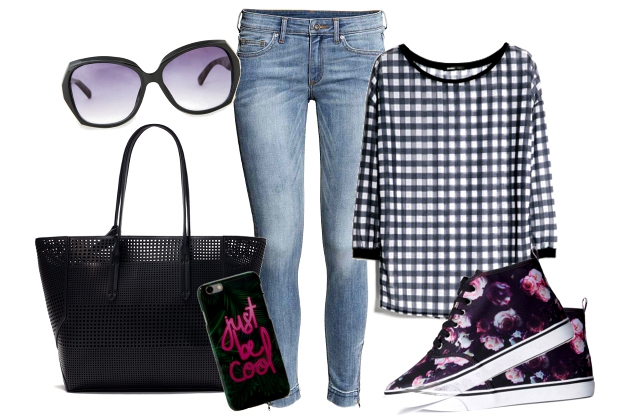 Top, napszemüveg: Mango, nadrág, cipő: H&M, mobiltok: Bershka, táska: Zara