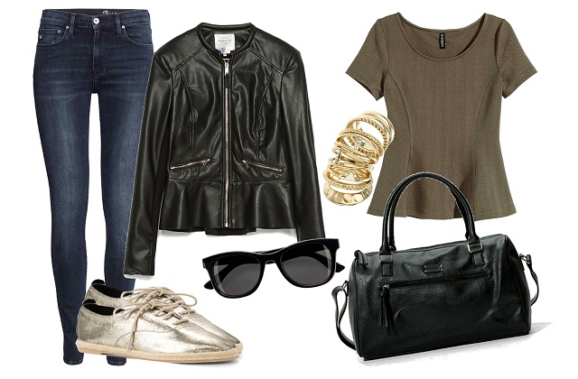 Top, nadrág, napszemüveg: H&M, dzseki: Zara, táska: Bershka, gyűrű: Tally Weijl, cipő: Mango