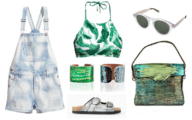 Kantáros farmersort, bikinifelső: H&M, karkötők, táska: Eosine, papucs: Mango, napszemüveg: Komono