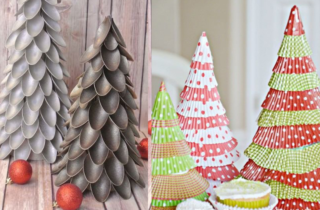 Kis karácsonyfák műanyag kanalakból vagy muffinpapírokból is készülhetnek.