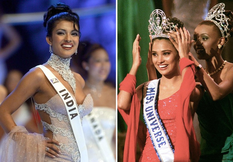 Miss World Priyanka Chopra és Miss Universe Mpule Kwelagobe, indiai szépségkirálynők