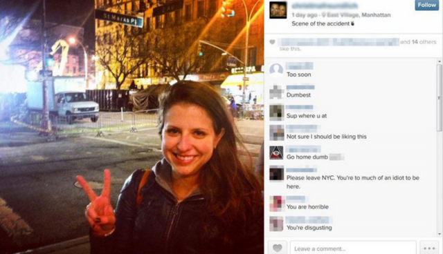 A háttérben az East Village-i robbanás helyszíne (Fotó: Instagram)