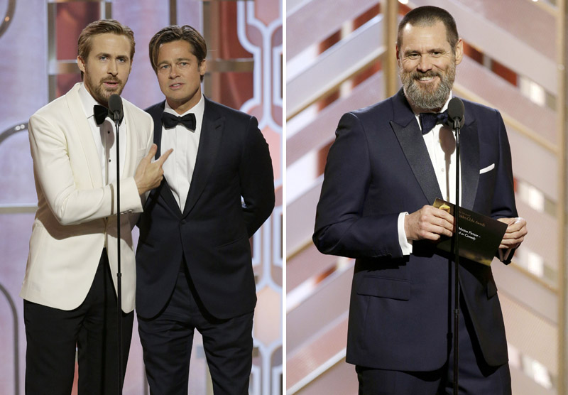 Ryan Gosling és Brad Pitt (balra), Jim Carrey felkonfja (jobbra)