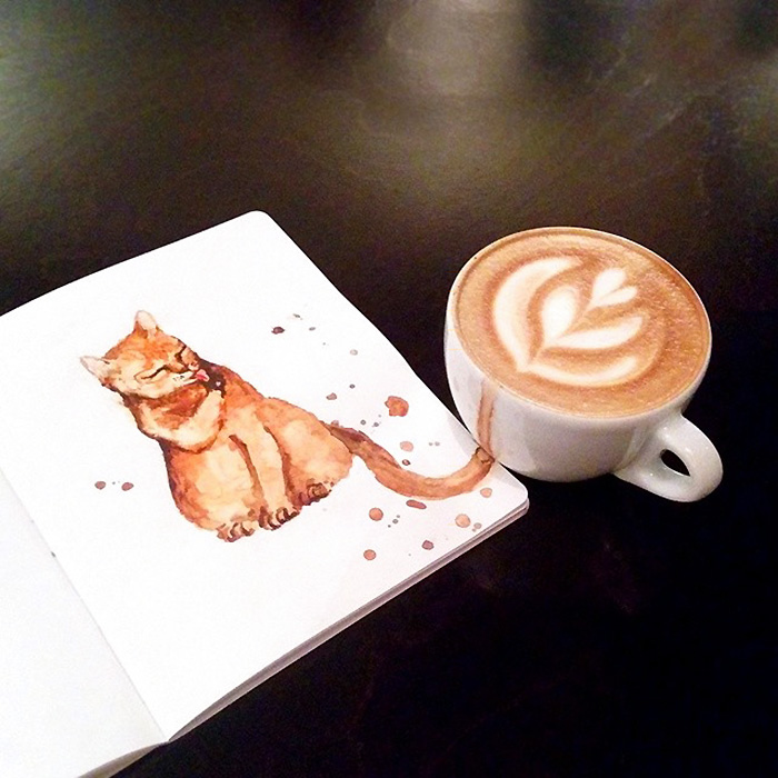 Macskákat varázsol a kiömlött kávéból az orosz illusztrátor