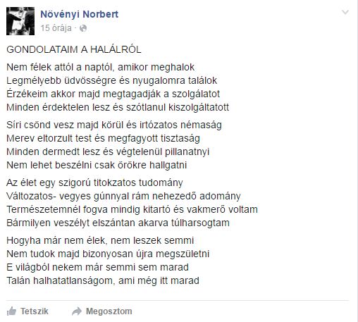 Növényi Norbert verset írt halála kapcsán