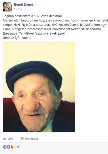 102 éves dédnagypapa a facebook kedvence