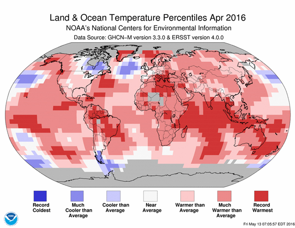 A legsötétebb piros szín hőmérsékleti rekordot jelent, az ábra 2016 áprilisi adatokat tartalmaz (Kép: NOAA.gov)