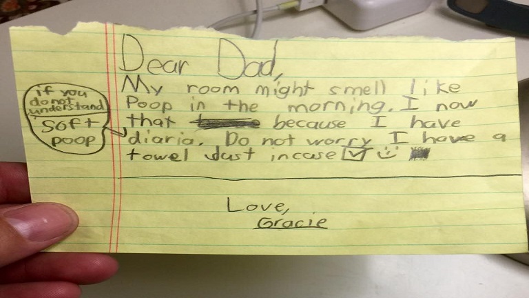 Vicces levélben figyelmeztette apukáját a kislány, miután hasmenése volt