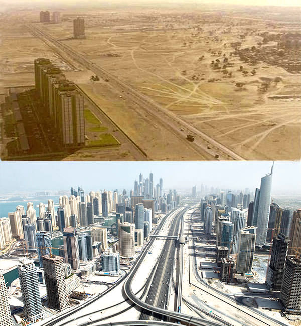 Dubai a 90-es évek elején és napjainkban (Fotó: Tumblr)