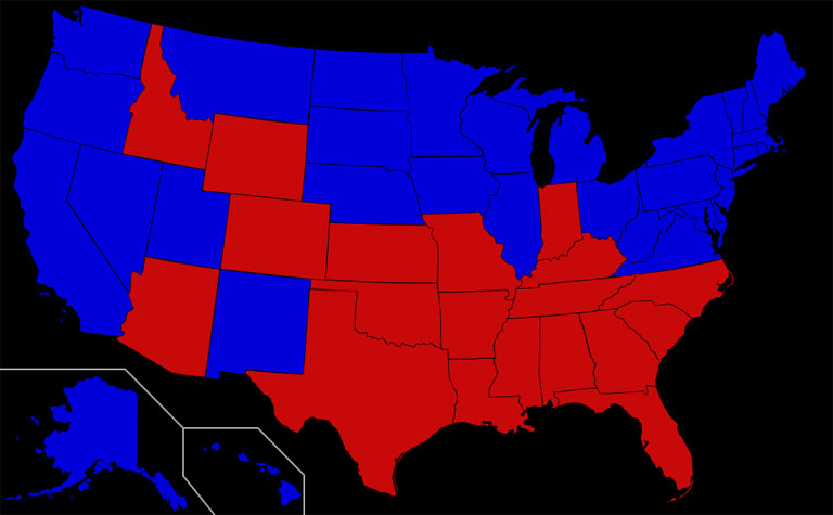 A pirossal jelölt amerikai államokban még ma is engedélyezett a testi fenyítés (Kép: Wikipedia)