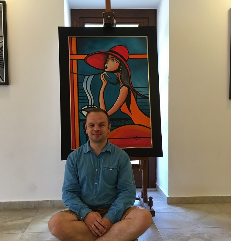 Albert László festőművész a Batthyány Kastélyszállóban rendezett kiállításon