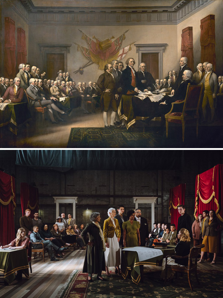 Az eredeti festmény 1819-ből és az újrafotózott változat a leszármazottakkal 241 évvel később