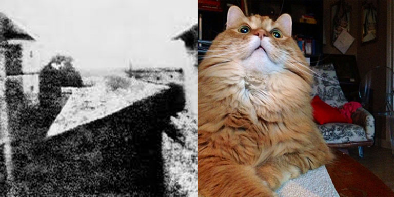 Bal oldalon Nicéphore Niépce fotója 1826-ból vagy 1827-ből, jobbra pedig egy szelfiző macska (Fotó: Tumblr)