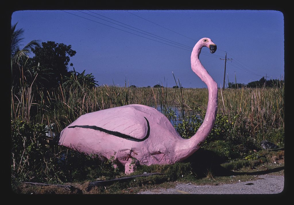 Út menti flamingószobor, Frog City, Route 41, Florida, 1980