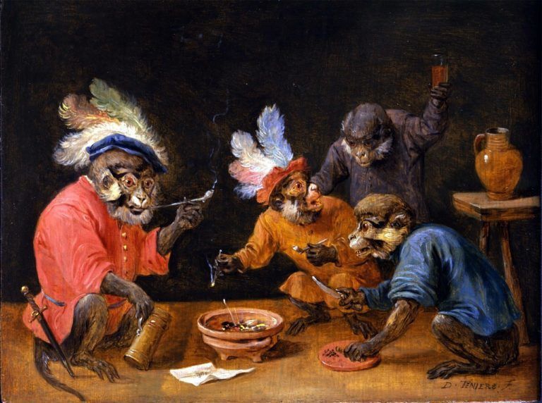 Egy tipikus singerie: Abraham Teniers kártyázó, piáló majmai (forrás: Wikipedia)