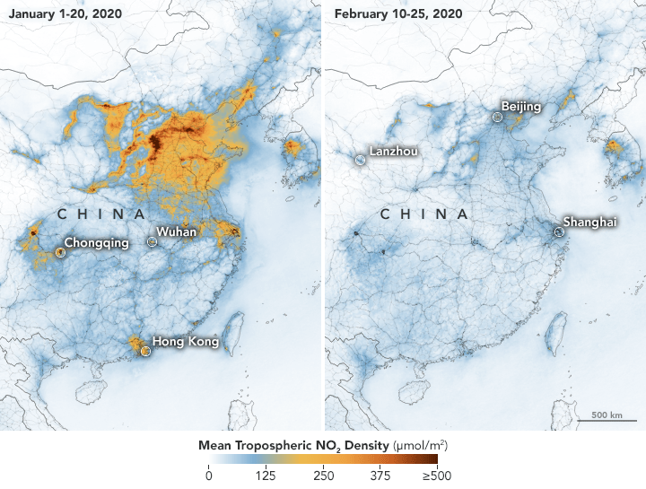 Látványosan csökkent a légszennyezettség a koronavírus hatására január eleje és február közepe között Kínában (Kép: NASA Earth Observatory)