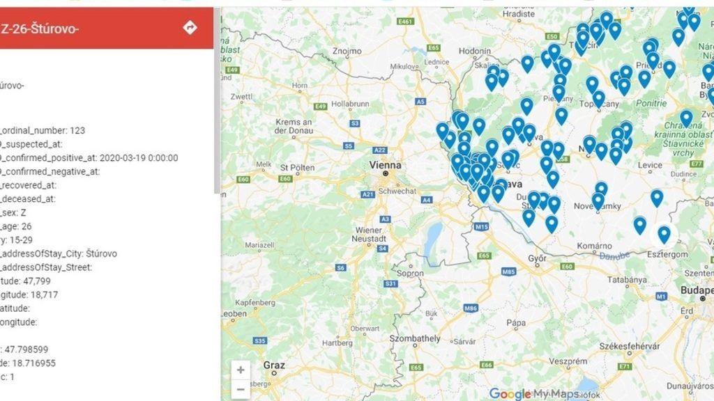 Egyelőre csak Szlovákiában, de néhol utcára pontos lebontásban látszik, hol élnek a fertőzöttek. Nálunk is van már hasonló - nem hivatalos - térkép. Forrás: google map