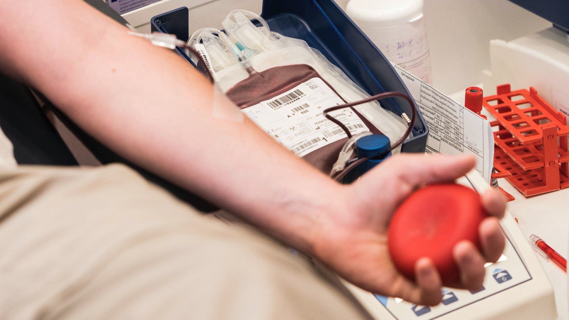 Egy férfi vért ad az Országos Vérellátó Szolgálat megújult Karolina úti véradóterének átadásán 2018. május 14-én (Fotó:&nbsp;MTI/Mónus Márton)