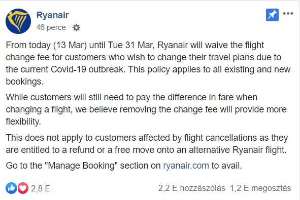 A Ryanair lemond a járatmódosítás díjáról