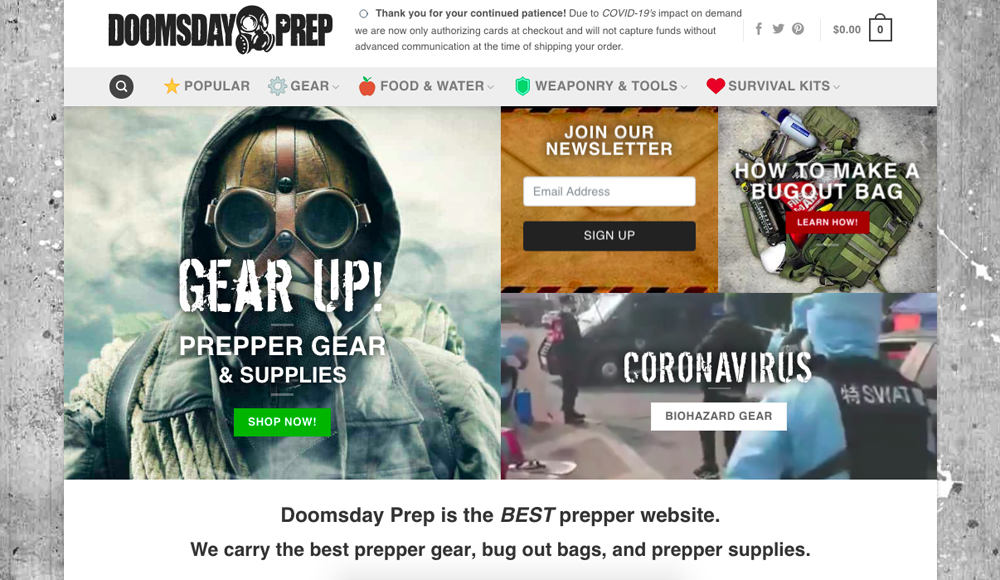 A Doomsday Prep online shop nyitóoldala
