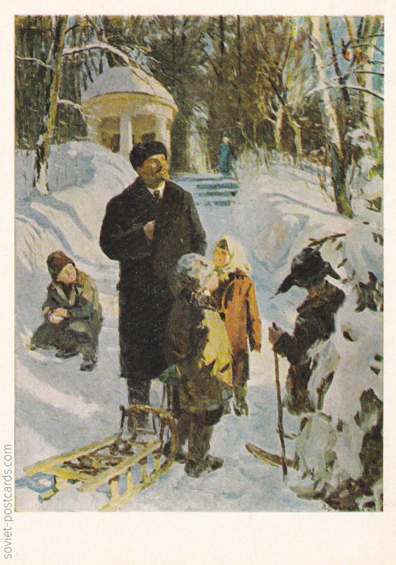 Lenin a gyerekekkel szánkózik, és a jövőbe tekint (forrás: soviet-postcards.com)