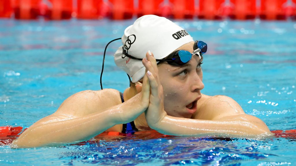 A győztes Veres Laura a 200 méteres gyorsúszás döntőjében az úszók országos bajnokságán a budapesti Duna Arénában 2021. március 27-én. 