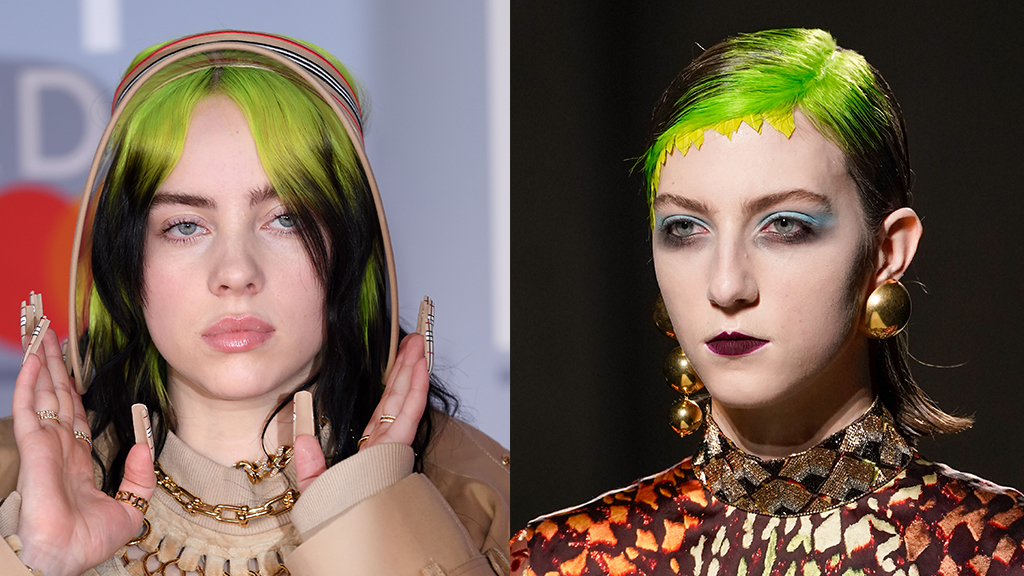 Billie Eilish 2020-ban, és a Dries Van Noten divatbemutató egyik modellje, neonzöldre festett hajtővel. 