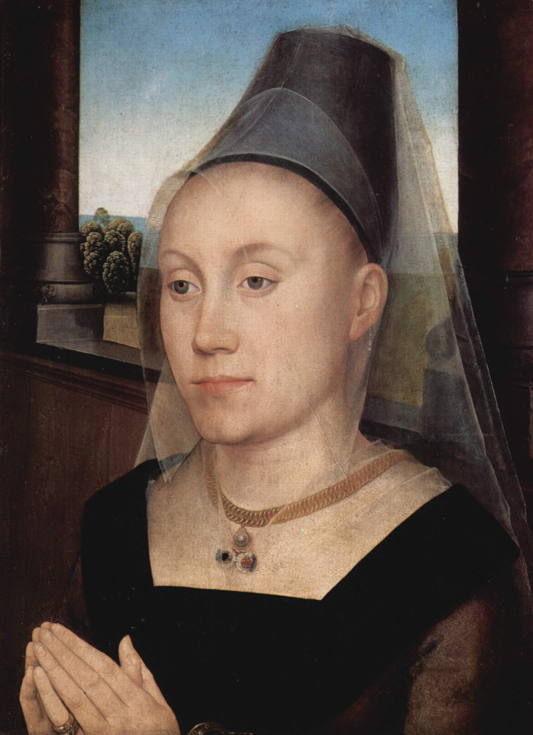 Hennin viselő, borotvált homlokú nő 1480 körül (forrás: Wikipedia)