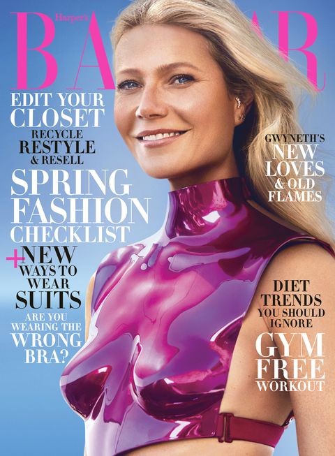 Gwyneth Paltrow a 2020. februári amerikai Harper's Bazaar címlapján, a Tom Ford által tervezett fém felsőben.