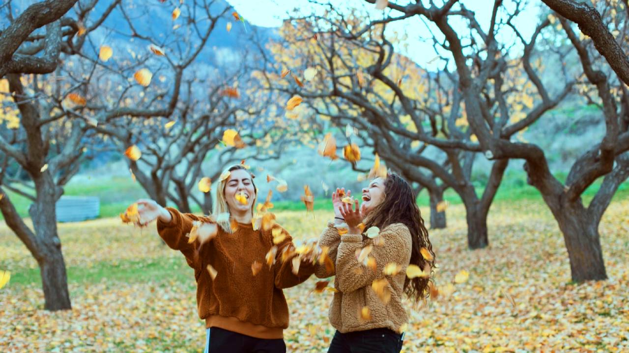őszi leveleket dobáló lányok