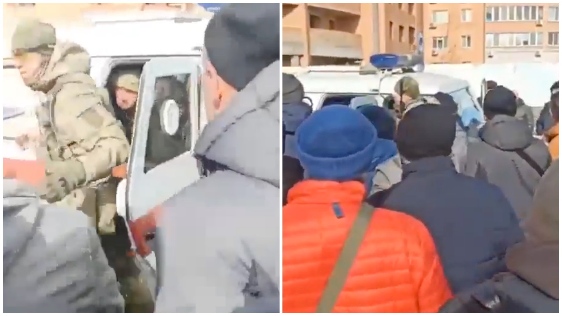Az orosz katonai rendőrség tagjainak ellenálló civil lakosok az ukrajnai Enerhodar városában