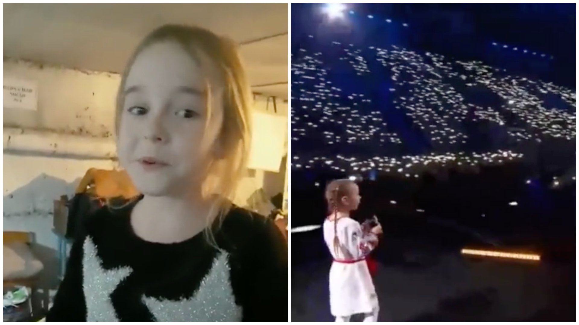 A 7 éves ukrán kislány az óvóhelyen énekel a Jégvarázsból, majd egy lengyel stadionban lép fel