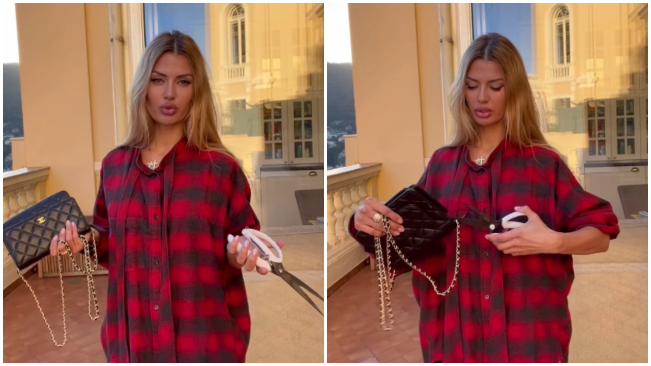 Viktoria Bonya orosz modell ollóval szétvág egy Chanel táskát
