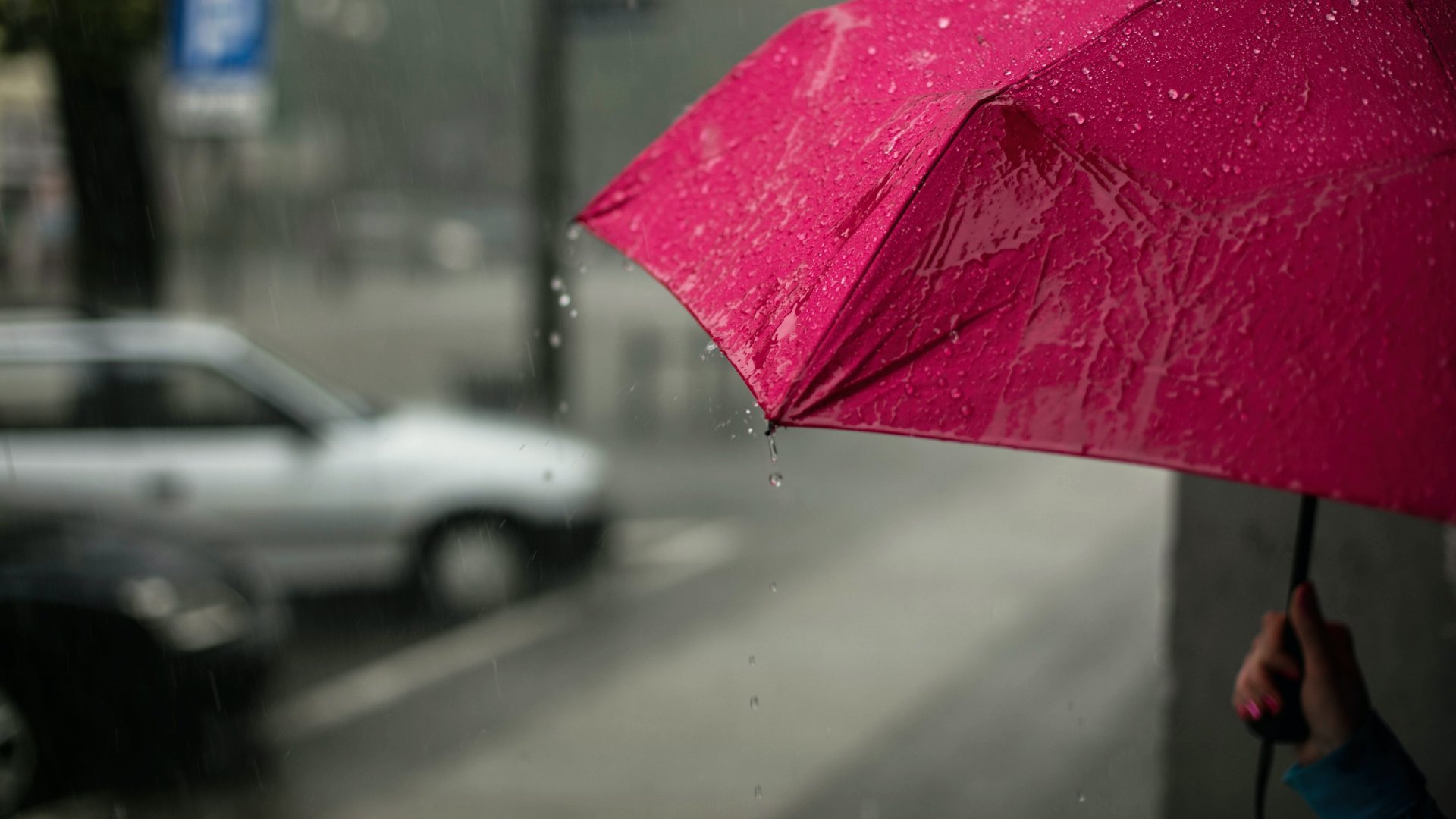Rózsaszín esernyő az utcán