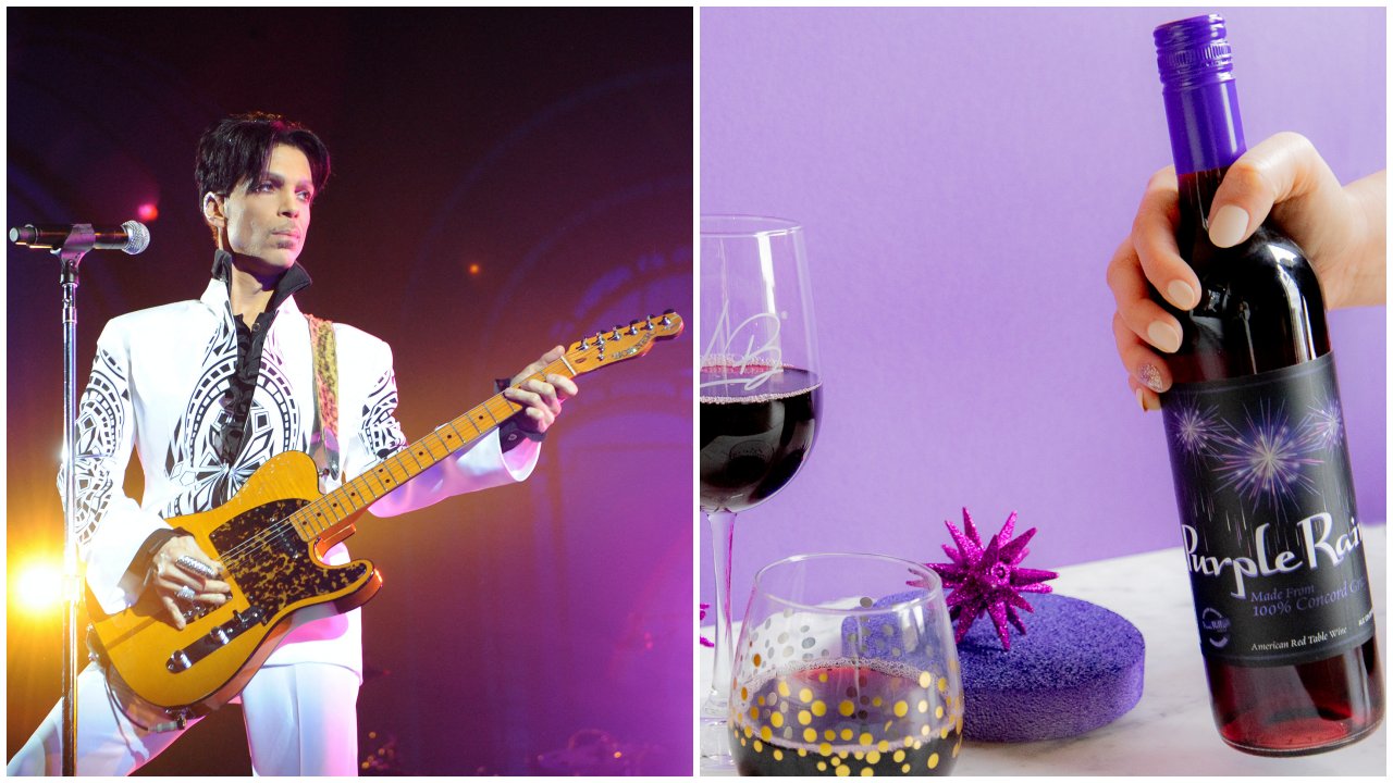 A fotómontázson Prince koncert közben és a Purple Rain nevű ohiói desszertbor egy üvege