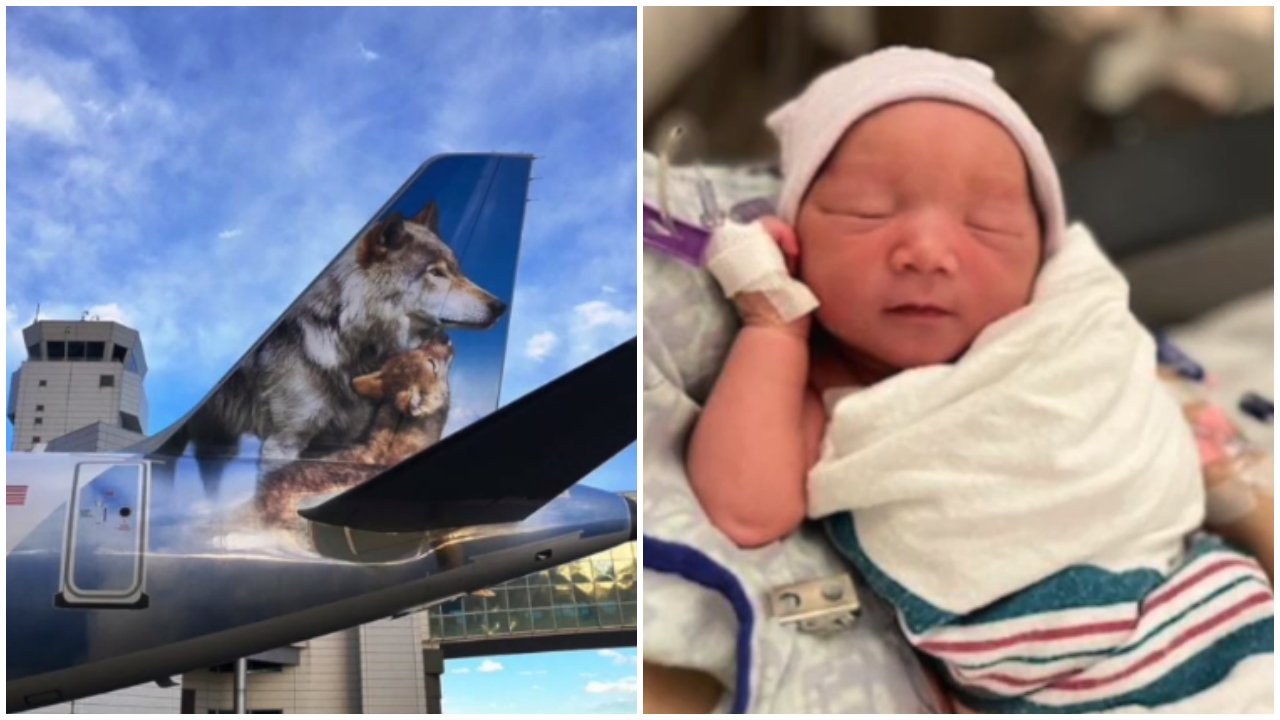 A montázson a Frontier Airlines repülőgépe, és a járaton megszületett kisbaba