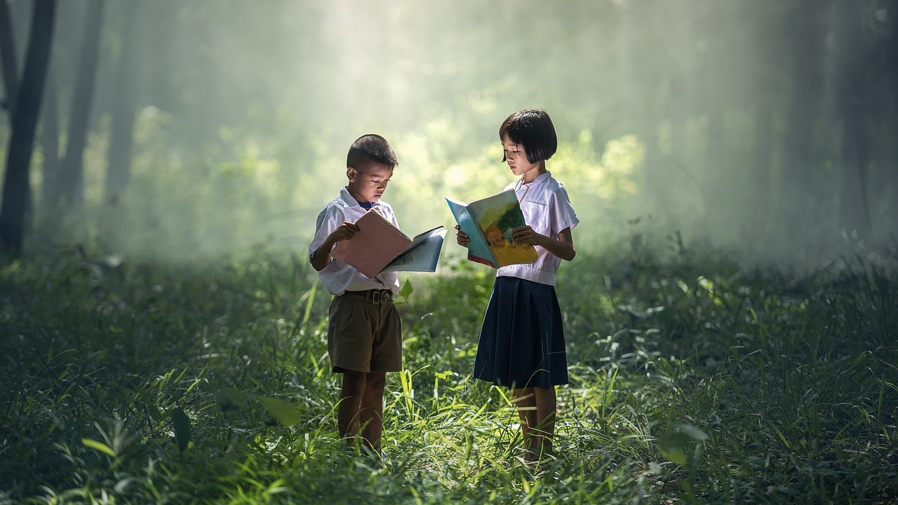 Egy kislány és egy kisfiú olvas a réten