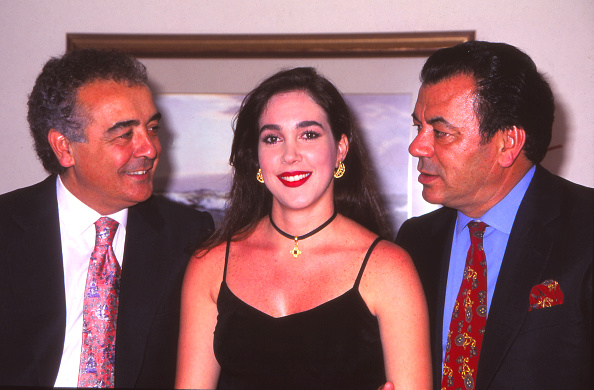 The Spanish musical duo 'Los Del Rio', authors of the song 'Macarena', with the Venezuelan dancer Diana Patricia Cubillan, who inspired them to write this popular song, 1996, Madrid, Spain. (Photo by Gianni Ferrari/Cover/Getty Images)