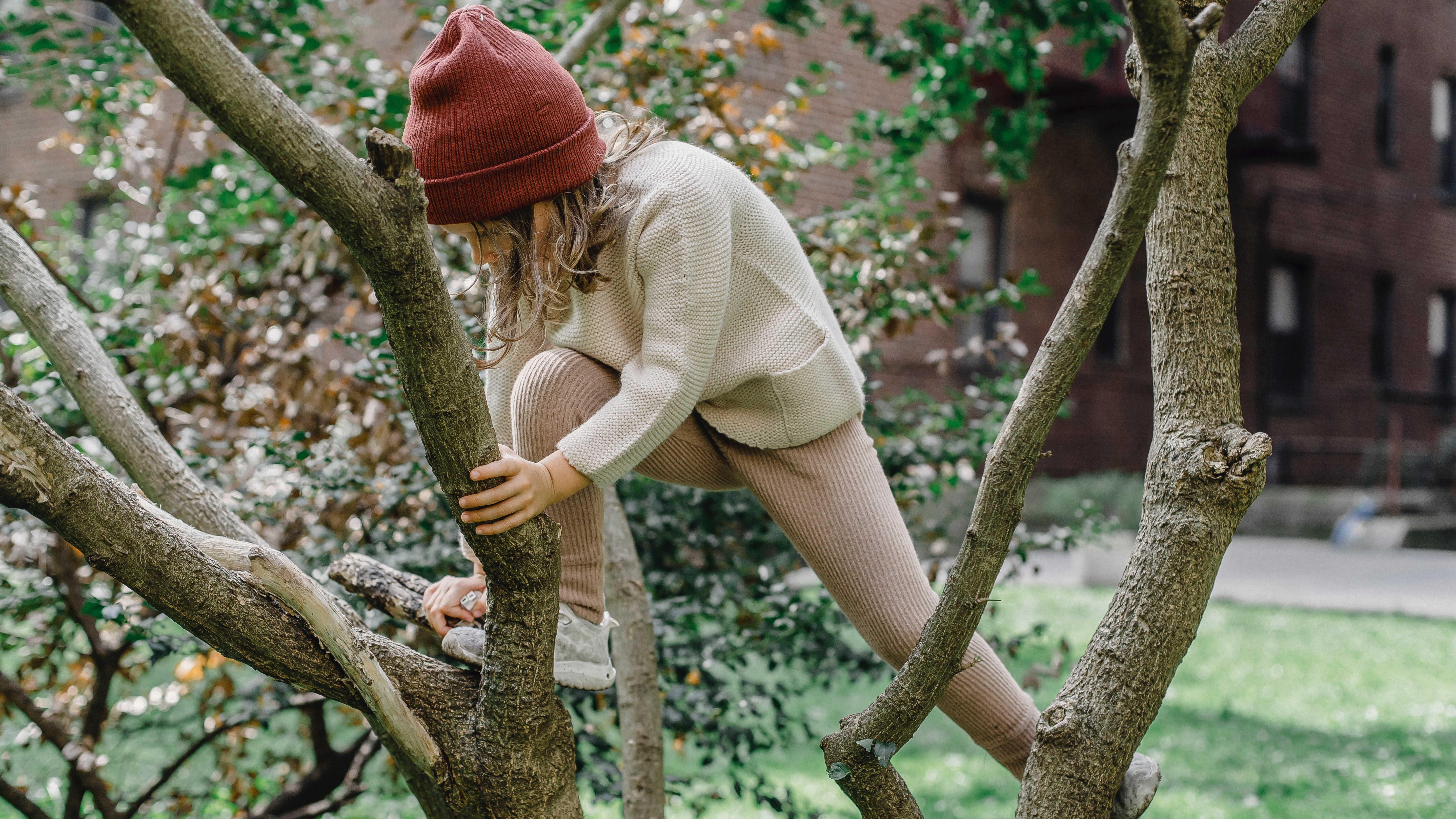 Egy gyermek fára mászik a kertben