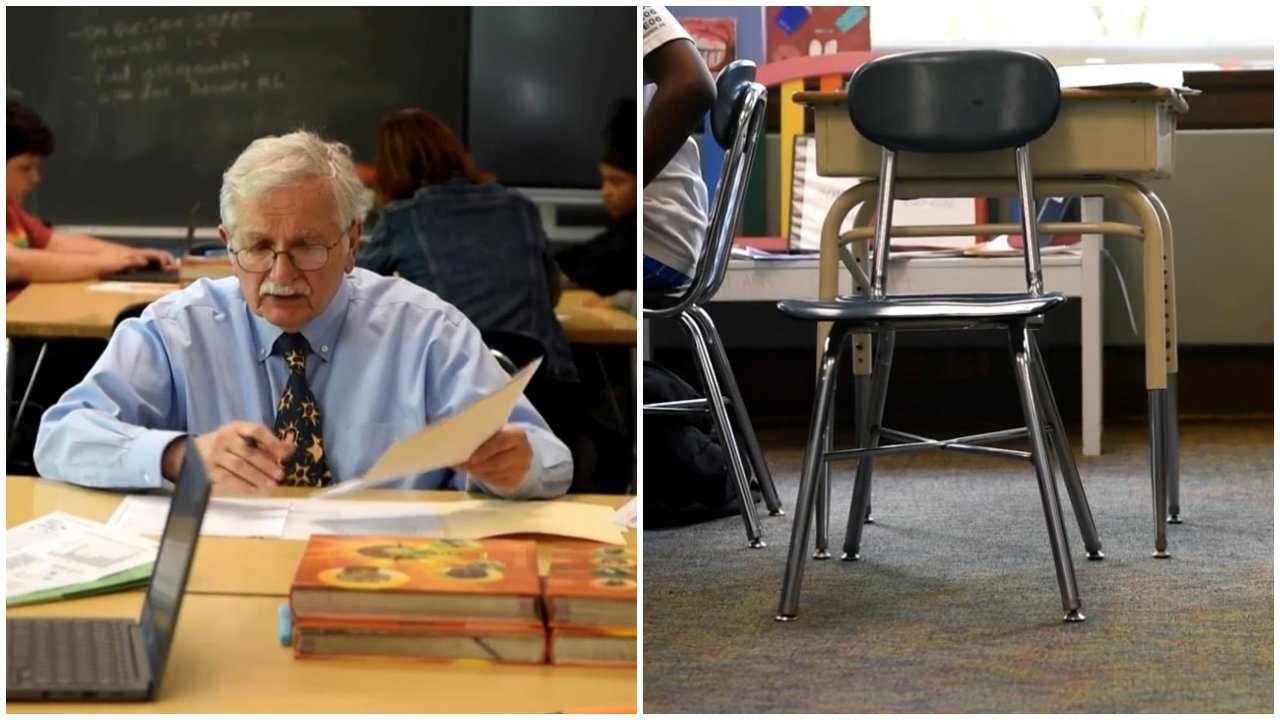 A montázson Dan Gill amerikai tanár és egy üres szék az osztályteremben