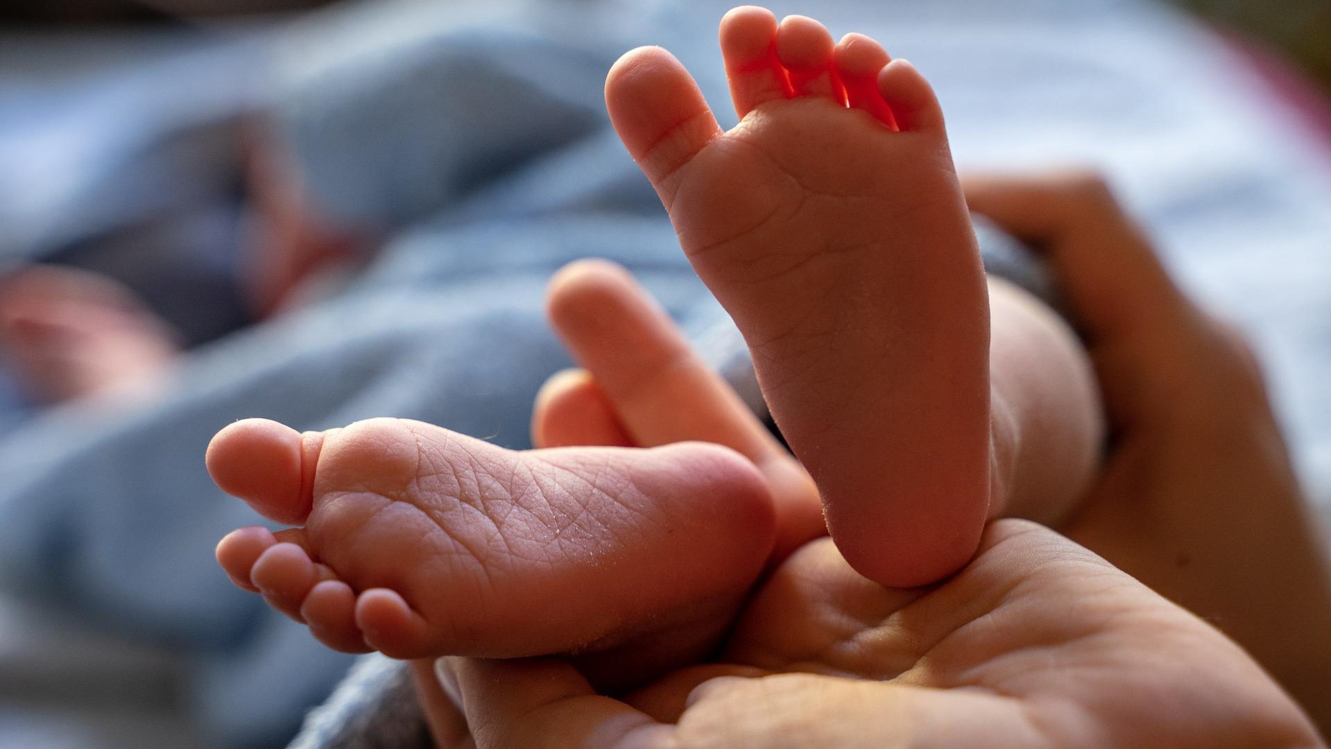 Egy baba lábait tartja egy szülő