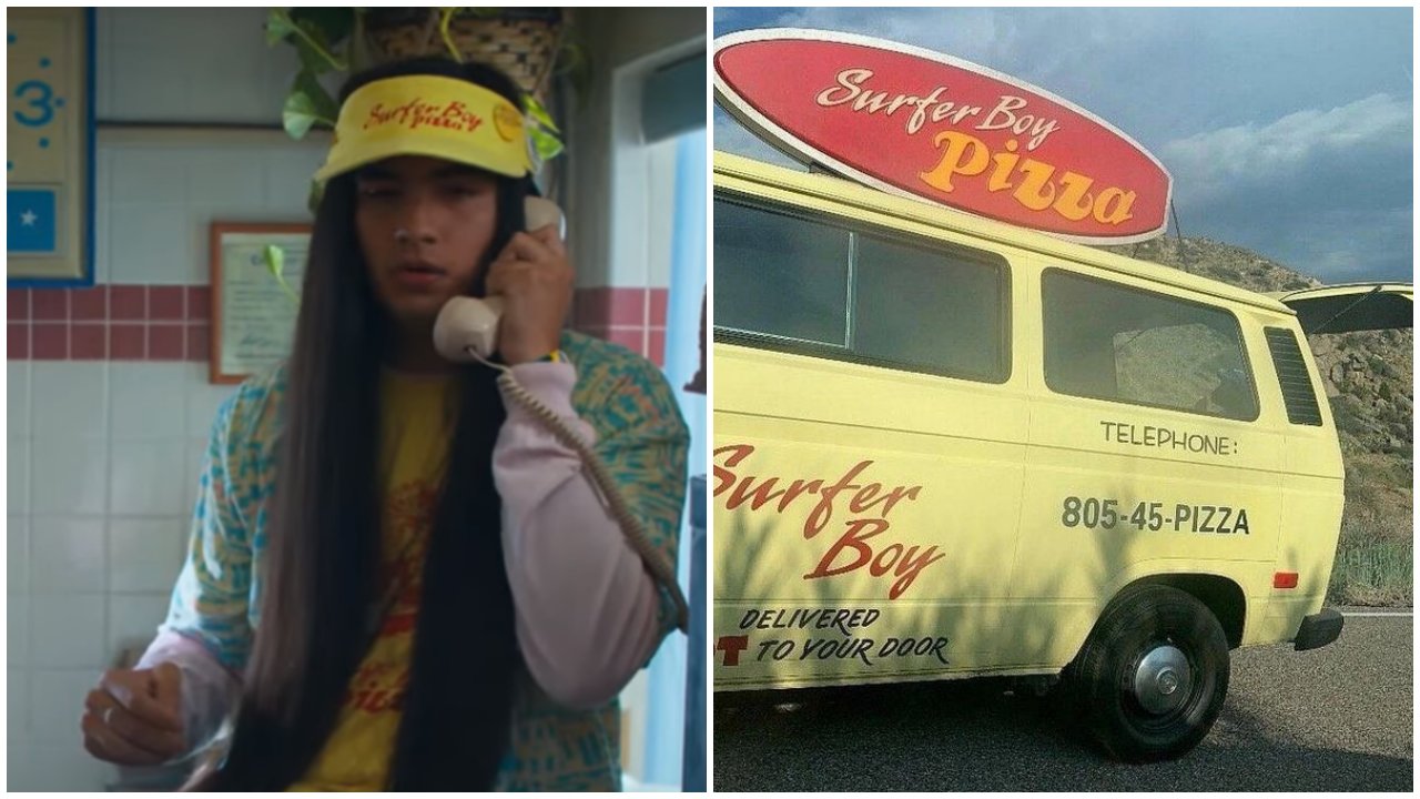 Argyle a Stranger Thingsből és a Surfer Boy Pizza sárga furgonja