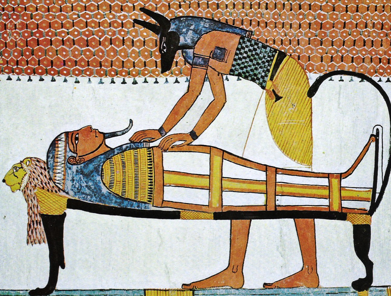Anubisz, a közismert kutya- vagy sakálfejű egyiptomi istenség balzsamozás közben (forrás: Wikipedia)