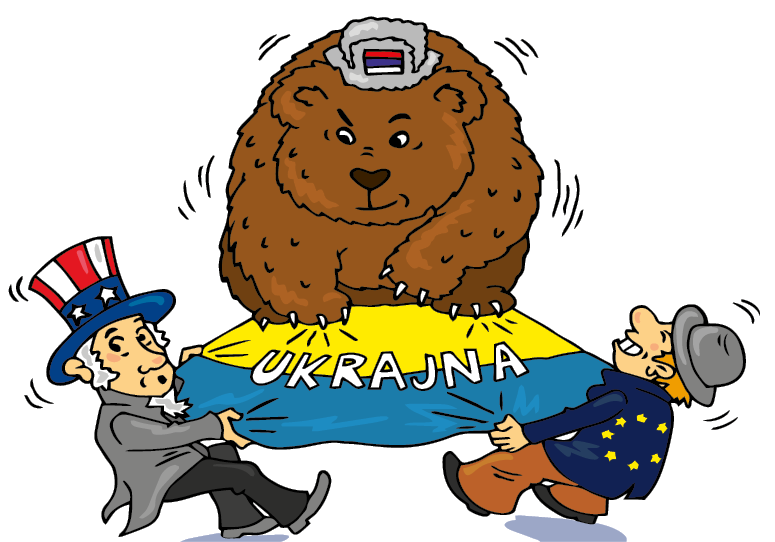 Karikatúra az ukrán zászlón civódó hatalmakról. (Oroszország, Egyesült Államok és az EU)