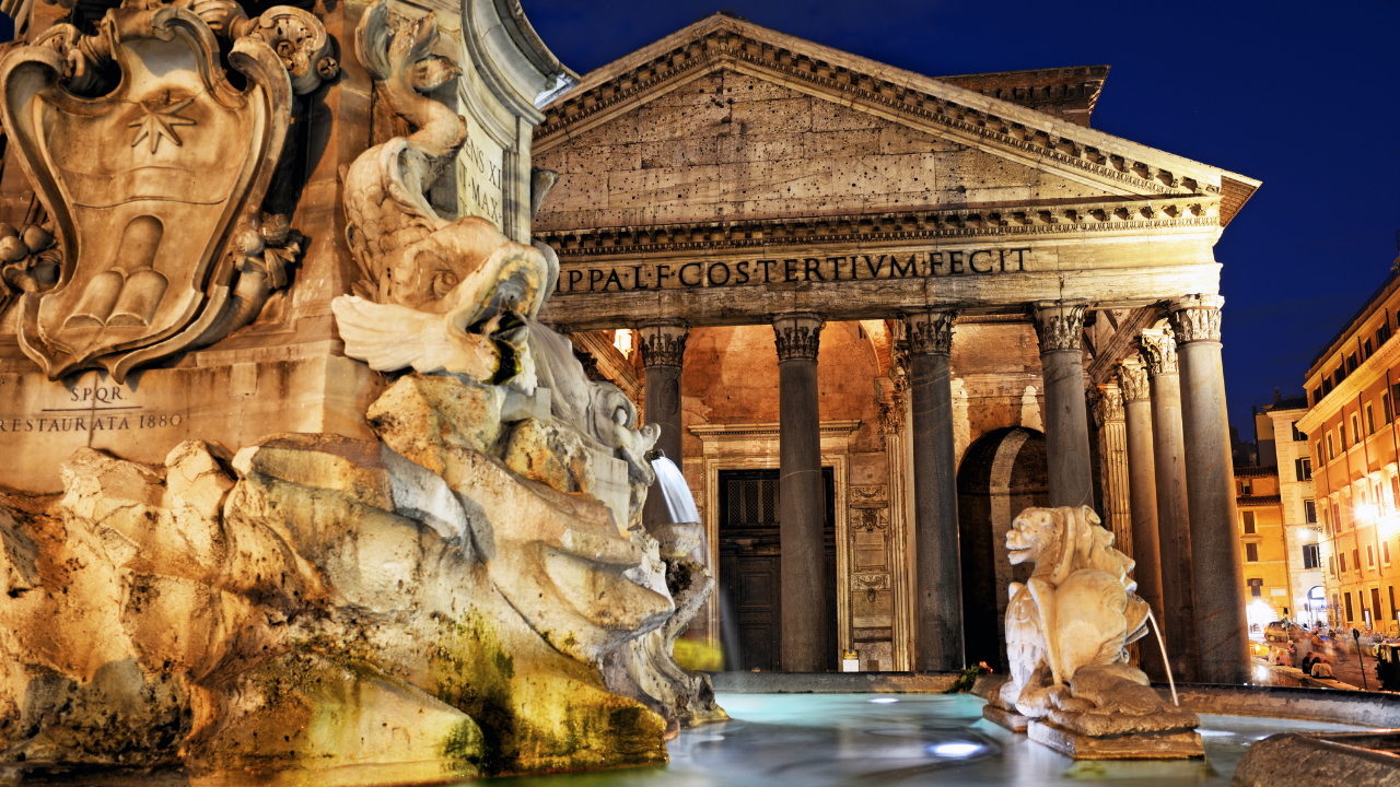 Fontana del Pantheon a háttérben a Pantheonnal Rómában