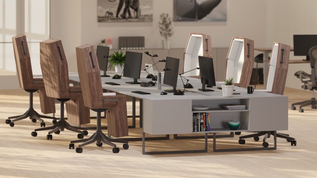 Koporsó formájú irodai székek egy asztal körül.