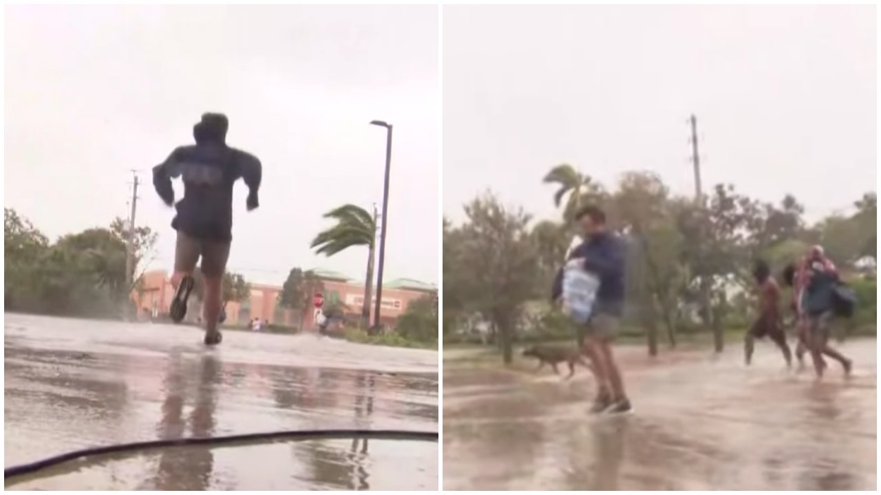Glen Ellis operatőr rohan, hogy segítsen a hurrikán elől menekülő embereknek a floridai Naplesben